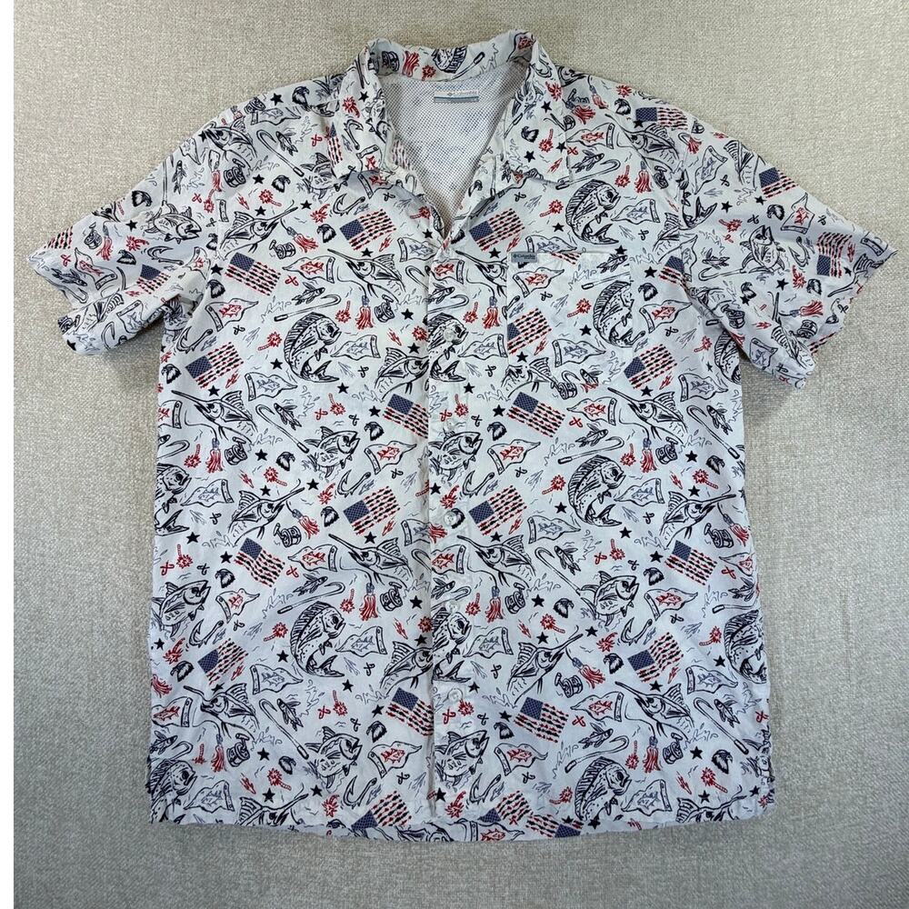 Columbia Men Large White Red Patriotic Vented Short Sleeve Fishing Shirt Outdoor